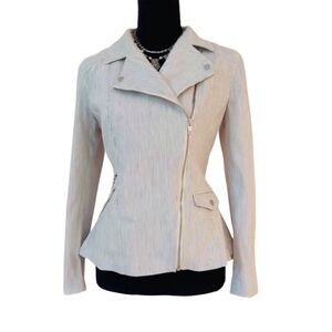 Chelsea28 ~ Light Gray and White Pinstripes Moto Jacket Asymmetrical Design